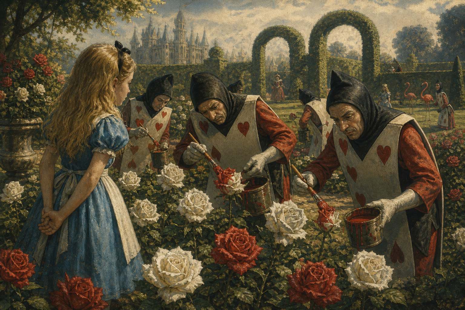 Card soldiers painting white roses red in the Queen of Hearts' garden while Alice watches