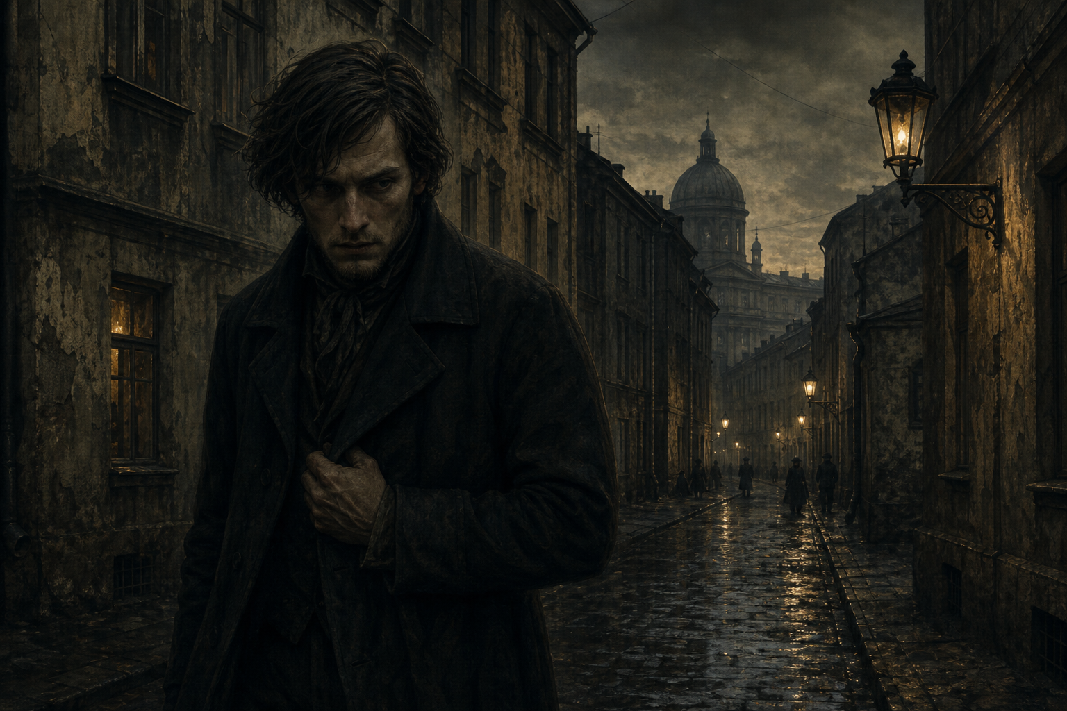 Raskolnikov walking alone through a narrow St. Petersburg street at dusk, feverish and isolated