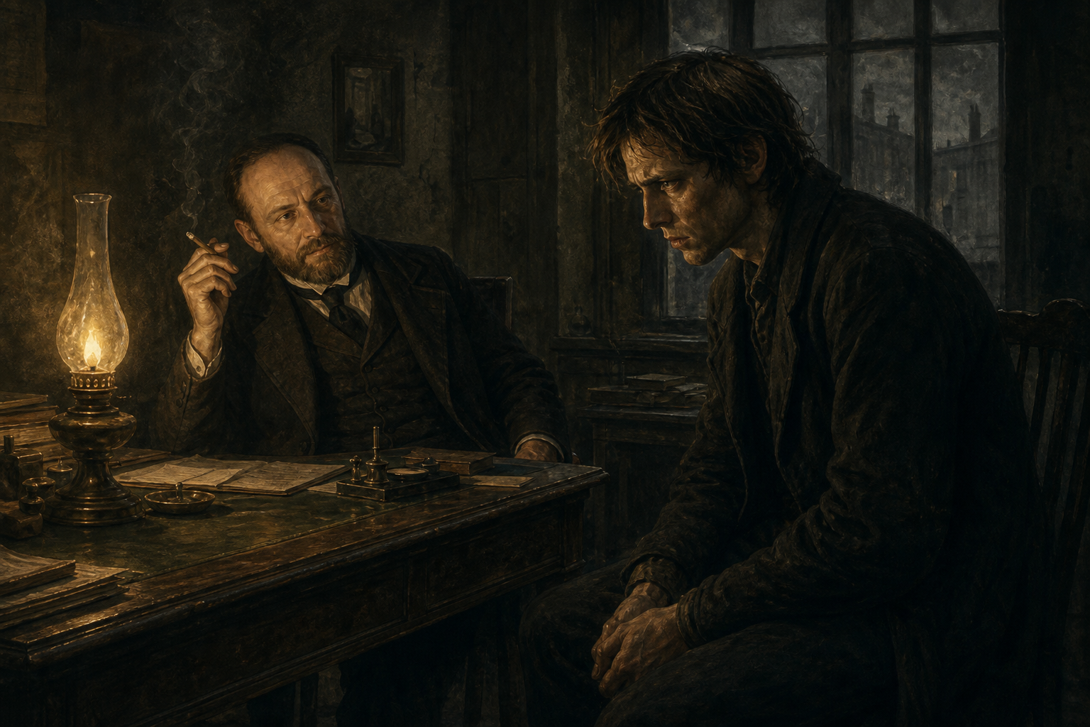 Porfiry Petrovich calmly observing Raskolnikov across a desk during a tense psychological interrogation