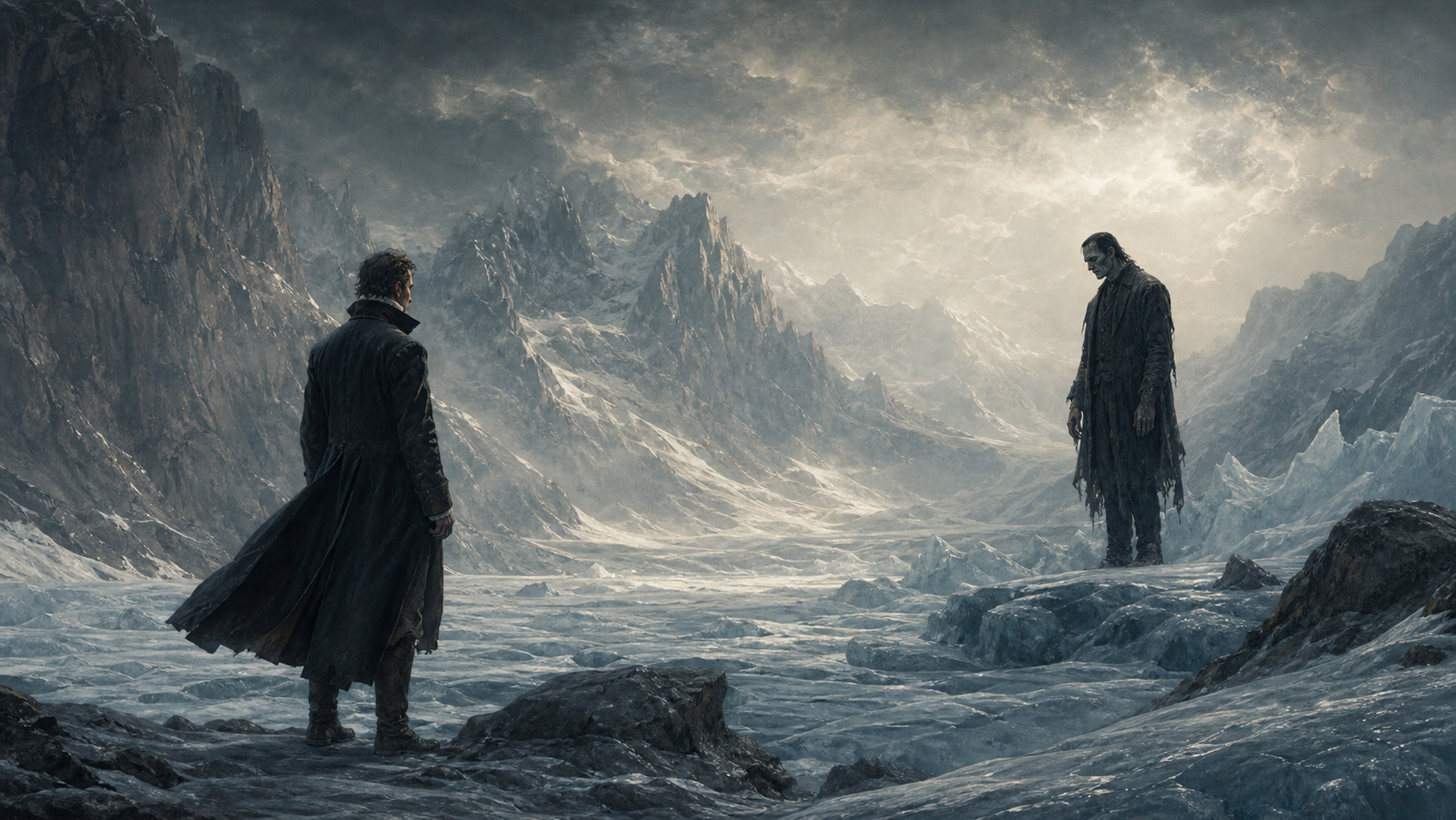 Victor Frankenstein and the creature facing each other across an Alpine ice field