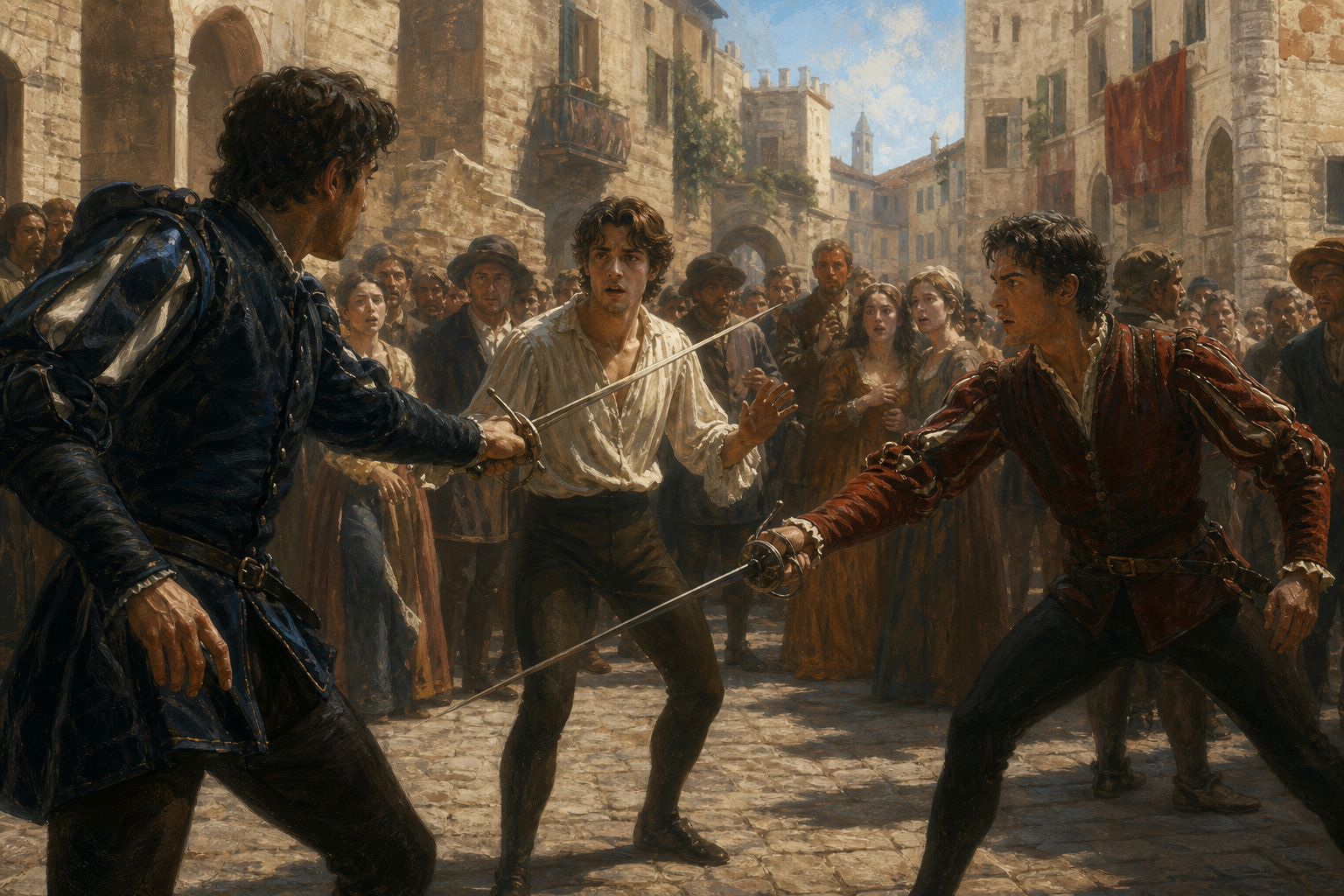 The fatal Verona street duel between Mercutio and Tybalt, with Romeo caught between them