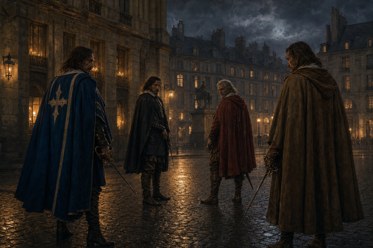 The four older musketeers meeting at night in a rain-wet Paris square with divided loyalties in Twenty Years After