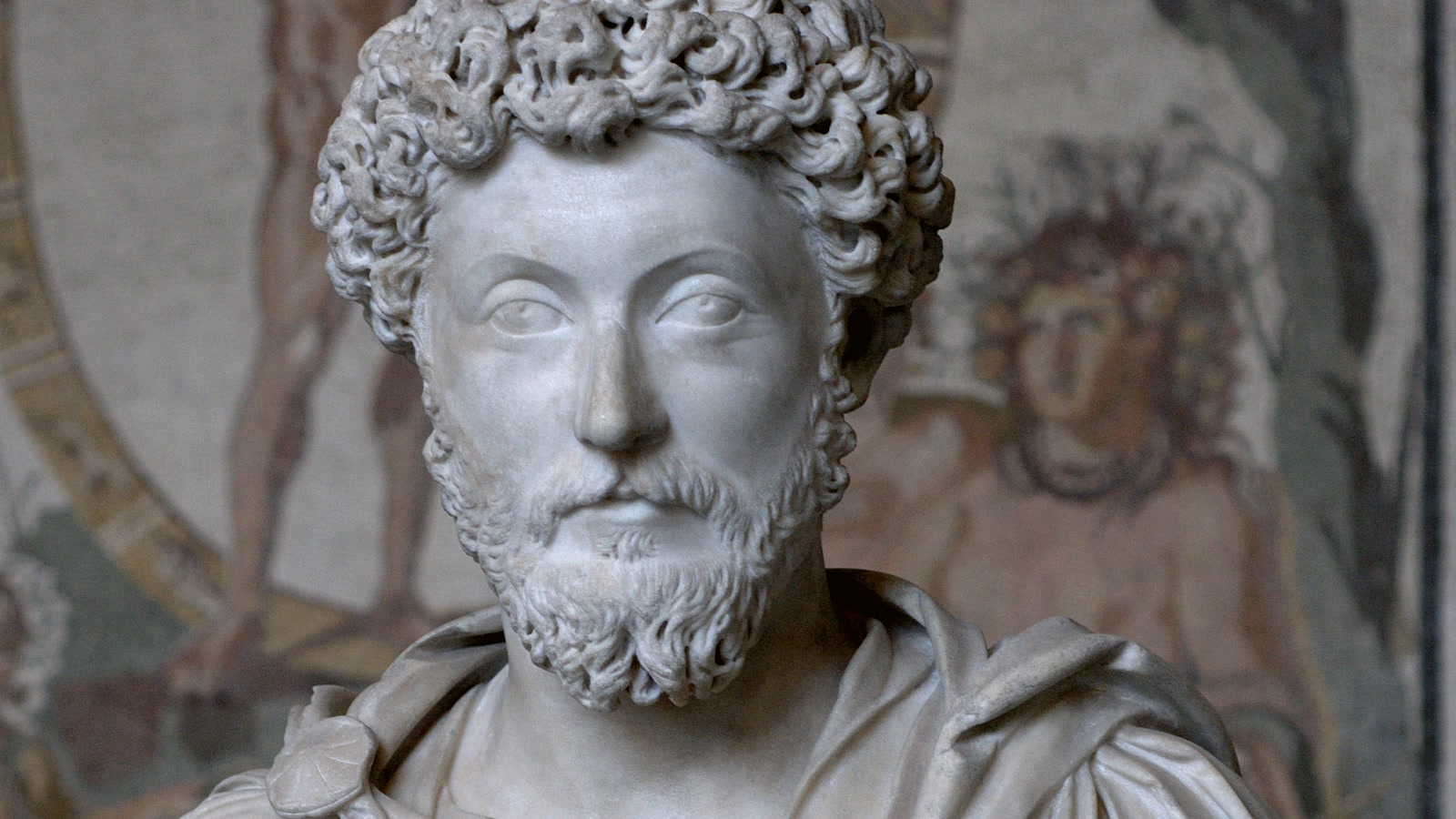 A marble portrait bust of Marcus Aurelius, shown as philosopher and ruler