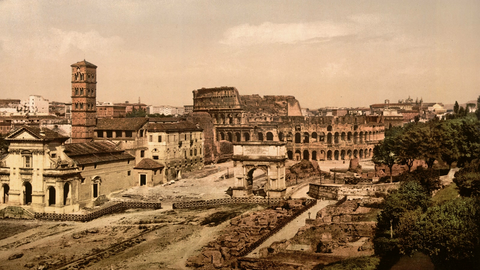 A historic view of the Roman Forum and the Colosseum